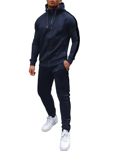 COOFANDY Mens Tracksuits 2 Pieces Long Sleeve Casual Jogging Suits Warm Tracksuit Sports Set in Winter with Drawstring Hood (Navy L)