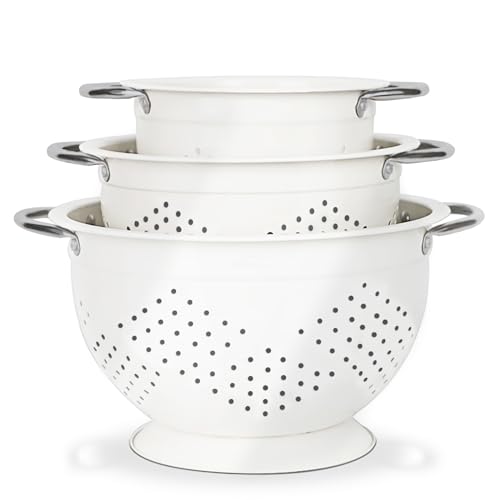 Hillbond Colander Set of 3, 1.5, 3, 5 QT Powder Coated Metal Strainers with Riveted Stainless Steel Handles and Stable Base, Food Strainers and Colanders for Kitchen, White