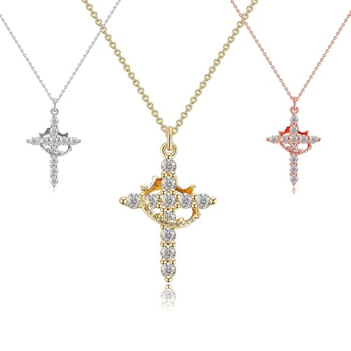 ANGEL ACCESSORIES 3 Pack Crown Cross Pendant Necklace for Women - Dainty Cubic Zirconia Pendant, Waterproof Non Tarnish Faith Jewelry in Gold, Silver, and Rosegold