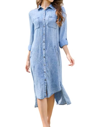 OVRUNS Women Denim Shirt Dress Long Sleeve Roll-Tab Cuffs Lapel High-Low Hem Midi Length Button Down Jean Dress with Pockets Sky Blue