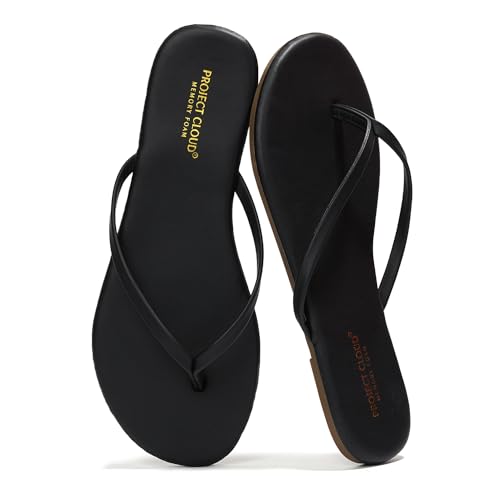 Project Cloud Flip Flops for Women - Memory Foam Flats Summer Sandals for Women 2025 - Vegan Leather Lightweight Womens Sandals Summer Beach Essentials Slides (Foundations, Black, 8)