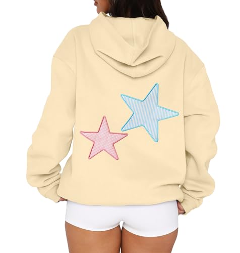AKLOPVII Women Y2k Cute Star Graphic Embroidery Oversized Fleece Hoodies Striped Plaid Patch Pullover Hooded Sweatshirt Cream