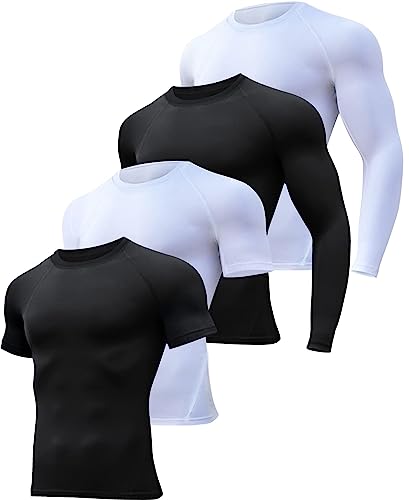 HOPLYNN 4 Pack Workout Compression Shirts Men Long/Short Sleeve Rash Guard Athletic Undershirt Gear T Shirt for Sports 2 Black 2 White M