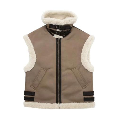 Ornrjfll Women's Jacket Vest Coat Winter Warm Coat Streetwear Sleeveless Top Coat Loose Waistcoat Women Traf Jacket Khaki S