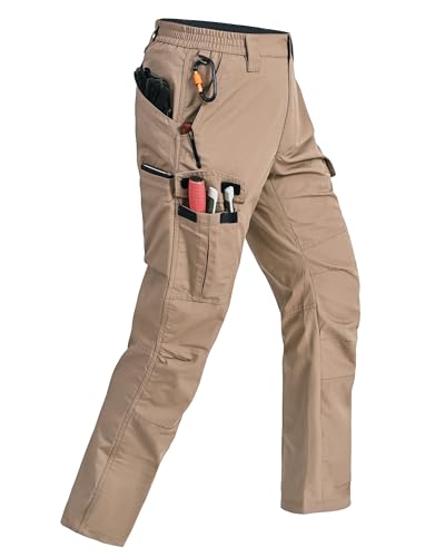 Rapoo Cargo Work Pants for Men Military Army Casual Hiking Pants for Men with Multi Pockets Elastic Waist Mens Ripstop Construction Carpenter Pants Khaki 34Wx32L