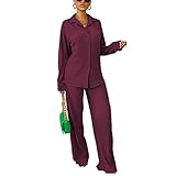 kaimimei Casual 2 Piece Outfit for Women - Linen Long Sleeve Button Down Shirt + Flare Pleated Wide Leg Pants Sets Streetwear