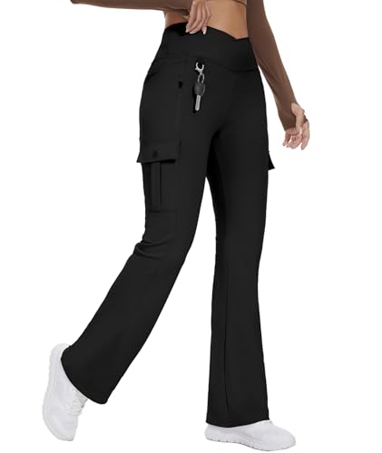 Flare Leggings for Women Yoga Crossover High Waist Pants with Tummy Control Workout Cargo with 5 Pockets Bootcut Leggings,Black(M)