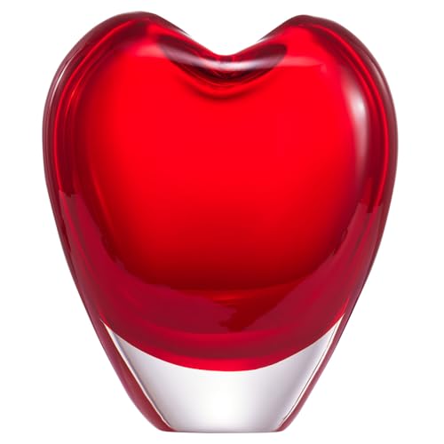 Luxury Lane Hand Blown Red Love Heart Shaped Sommerso Art Glass Vase for Decor 7 inch Tall Centerpiece Table Decoration