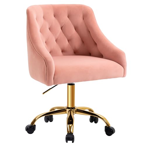 MOJAY Velvet Office Swivel Chair, Vanity Chair, Fabric Desk Chair, Pretty Fancy Chair, Gold Office Chair for Girls, 360°Swivel Height Adjustable Reception Chair (Pink)