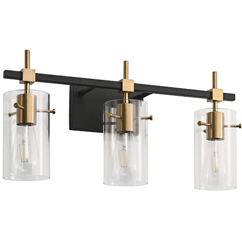 SOLFART Vintage Vanity Light Bathroom Light Fixture Over Mirror for Bath Glass Shade Light Black and Brass Modern Style 3 Lights