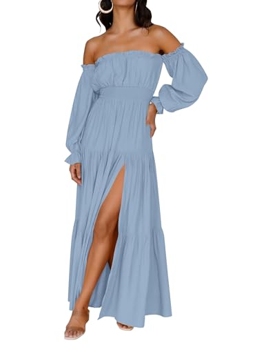 ZESICA Women's 2025 Boho Sexy Off Shoulder Long Sleeve Smocked High Waist Side Split Flowy A Line Tiered Long Maxi Dress,LightBlue,Medium