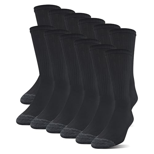 Gildan Men's Polyester Half Cushion Crew Socks, 12-Pairs, Black, Shoe Size: 6-12