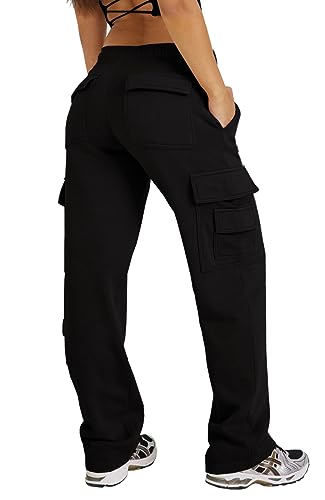 Waitfairy Wide Leg Sweatpants Women Cargo Pants Fleeece High Waisted Baggy Sweatpants for Women Casual Pants with 8 Pockets Black M