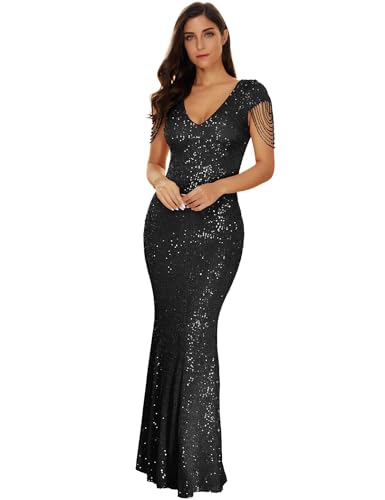 Women's V Neck Sequin Formal Dress Fringe Bead Sleeve Mermaid Gown Prom Party Maxi Evening Dress (Black, S)