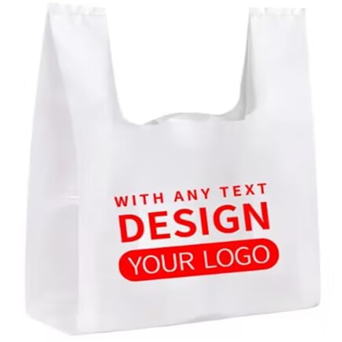 Affordable 500Custom Printed Shopping, White Plastic T-Shirt Bags with Logo Design, Grocery Carry Out Bags (11.8x5.9x18.9in)