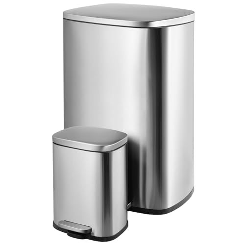 Arlopu 13.2+1.3 Gallon Step Trash Can, Stainless Steel Garbage Bin, Soft-Close Rubbish Bin with Removable Plastic Inner Bucket, Fingerprint-Proof, Lid Dustbin, for Kitchen Home (Silver)