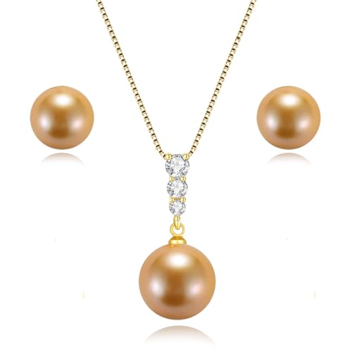 YAMI Golden Pearl Necklace & Earrings Set, 11-12mm Akoya Cultured Pearl, 925 Sterling Silver, 5A Cubic Zirconia, Tangle-Free Box Chain, 18+2in Extender, Luxury Jewelry Gift for Women