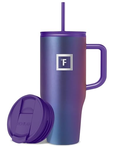 IRON °FLASK Co-Pilot Insulated Mug w/Straw & Flip Cap Lids - Cup Holder Bottle for Hot, Cold Drink - Leak-Proof - Water, Coffee Portable Travel Mug - Aurora, 32 Oz
