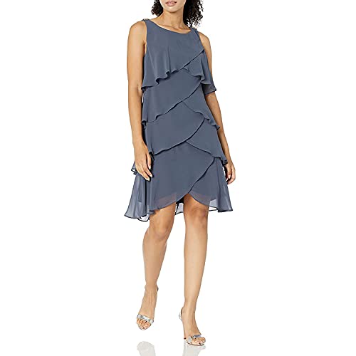 S.L. Fashions Women's Sleeveless Chiffon Tiered Cocktail Dress Petite and Missy, Steel, 18