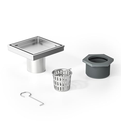 Bernkot Square Shower Drain 4", Brushed Floor Drain with Tiled Insert Grate & Hair Strainer, 304 Stainless Steel Bathroom 2-in-1 Tiled in Drain, CUPC Certified (Brushed, 4'')