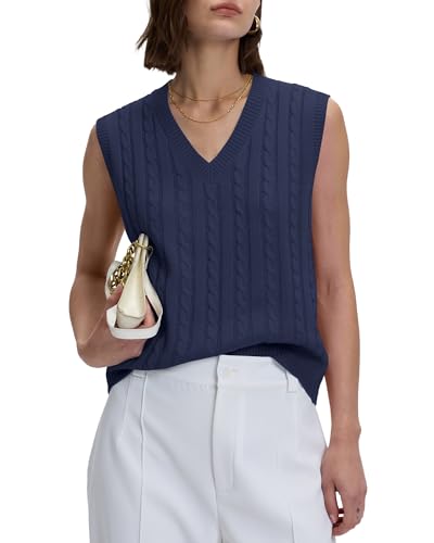 Locachy Women's Vintage Loose V Neck Sleeveless Cable Knit Preppy Style Pullover Sweater Vest Navy Blue -Medium
