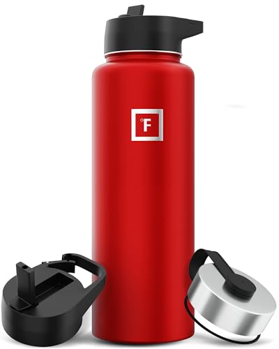 IRON °FLASK Camping & Hiking Hydration Flask with 3 Lids - Stainless Steel, Double Walled & Vacuum Insulated Water Bottle - Leak Proof & BPA Free (Fire Red, Straw - 40 oz)