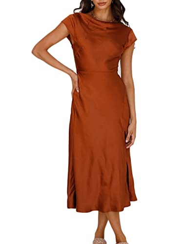 Women's Summer Satin Elegance Backless Twist Cap Sleeves Midi Dress 2023 Sexy Cowl Neck Slit Cocktail Wedding Guest Dresses Brown