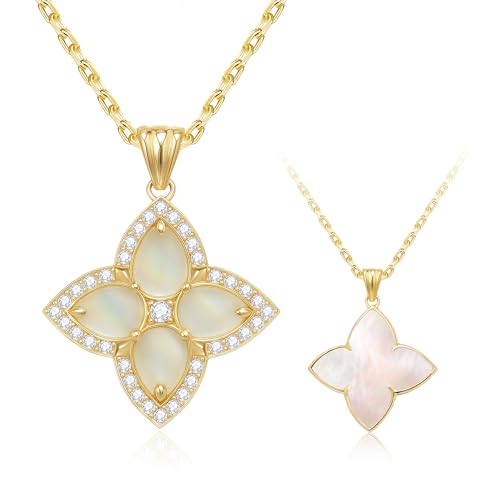 S925 Women's Sterling Silver Pendant Necklace - Classic Mother Pearl Four-Leaf Flower Necklace with Cubic Zircon, Hypoallergenic Fine Jewelry Gift (Bright gold)