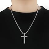 SanThree Pure Titanium Cross Necklace for Men 3mm Square Box Rolo Chain, Polished Skin Friendly Solid Titanium Round Link Cross Chain for Women Valentines Day Birthday Gift 23.62"