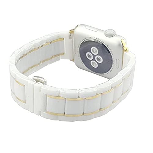 MeShow 41mm 40mm 38mm Two Tone Ceramics Stainless Steel Removable Link Strap Bracelet Watch Band with Butterfly Buckle Clasp for iWatch All Models (White Gold)