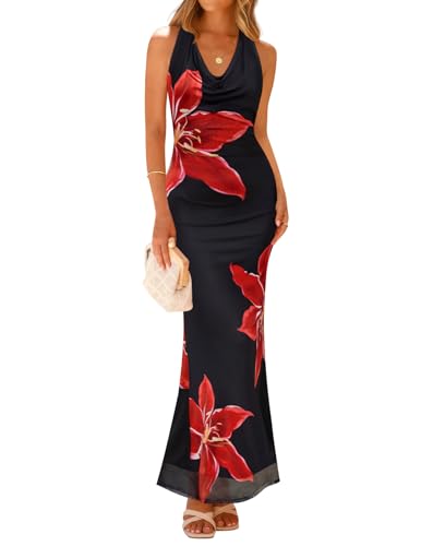 ZESICA Women's 2025 Summer Halter Neck Floral Print Maxi Dress Sleeveless Backless Wedding Guest Party Bodycon Long Dresses,Black,Medium
