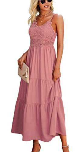 Dokuritu Pink Dress for Women Baby Shower Beach Crochet Lace Maxi Dress Wedding Guest Summer Boho Spaghetti Strap Long Dresses for Women 2025(Pink,M)