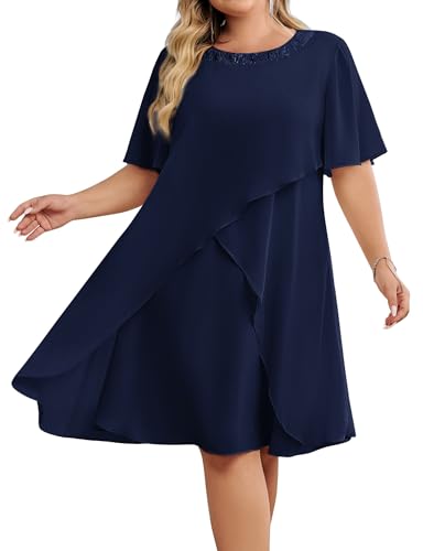 Hanna Nikole Plus Size Chiffon Cocktail Dresses Sequined Crew Neck Summer Party Wedding Guest Dress Navy Blue 16 Plus