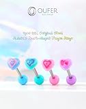 OUFER 4PCS Heart Tongue Piercing Jewelry, 316L Surgical Steel Tongue Rings, Acrylic Rainbow Heart Tongue Piercings, 14G Tongue Ring Balls, Cute Tongue Rings for Women Men