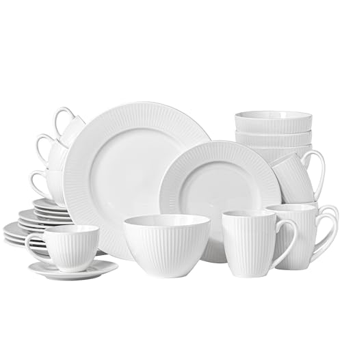 QOMO-1996 24 Pieces Dinnerware Sets for 4,Porcelain Plates and Bowls Sets with Mugs,Cups,Saucers,Ceramic Dish Set,Dishwasher Safe Kitchen Dining set,Striped White