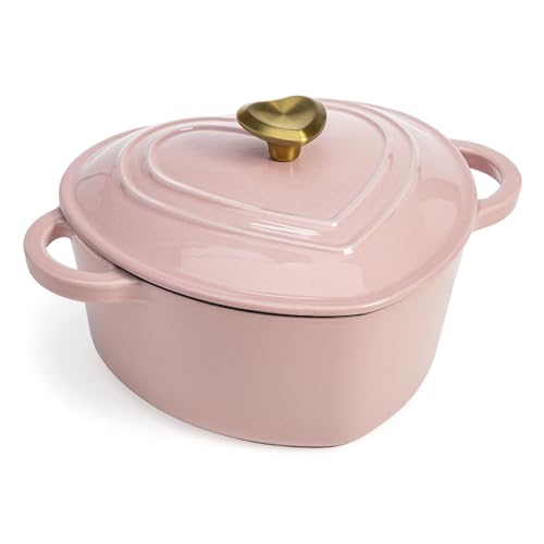 Paris Hilton Enameled Cast Iron Dutch Oven Heart-Shaped Pot with Lid, Dual Handles, Works on All Stovetops, Oven Safe to 500°F, 2-Quart, Pink