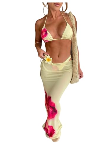 MakeMeChic Women's Halter Triangle Bikini Sets Floral 3 Piece Swimsuit Bathing Suit Cover Up Long Skirt Yellow Small