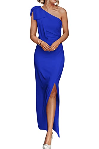 PRETTYGARDEN Women's Summer One Shoulder Long Formal Dresses Sleeveless Ruched Bodycon Wedding Guest Slit Maxi Dress (Royal Blue,Medium)