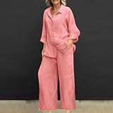 DOLKFU vacation outfits for women Plus Size Linen 2 Piece Outfits For Women 2024 Casual Loose Long Sleeve Tops And Palazzo Pants Matching Lounge Set two piece lounge set Pink 2X