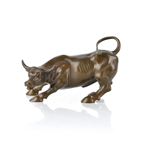FAIRYVILLE Bronze Wall Street Bull - Pure Copper Statue of Bull - Brass Sculpture Collectable Table Decor - Figurine for Living Room Home Decorations and Gift(Medium 7.9'', Brown)