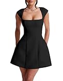 LuFeng Women's Square Neck Cap Sleeve Fully Lined Mini Dress Zipper A Line Party Club Dresses Black