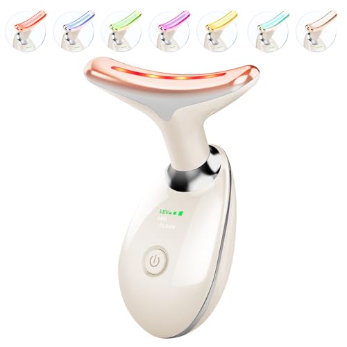 ELISHINE Red Light Therapy for Face and Neck, 7 Color Beauty Face Massager Tool, Vibrating Facial Massager with Thermals for Wrinkles, Double Chin, Milky White