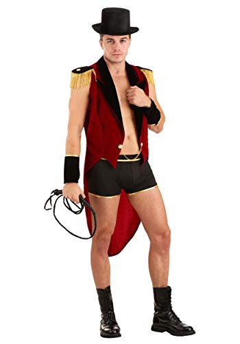 Adult Ringmaster Costume | Men's Circus Showman Male Performer Outfit with Jacket, Shorts, Pair of Wrist Cuffs, Top Hat Large Red