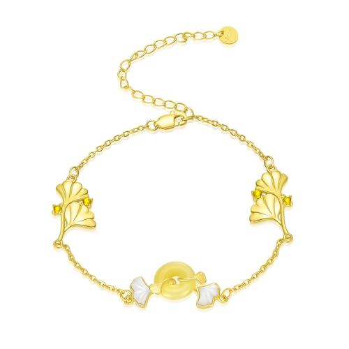 Jade Bracelet for Women 14k Gold Plated 925 Sterling Silver Ginkgo Leaf Bracelet Leaves Jewelry Gifts