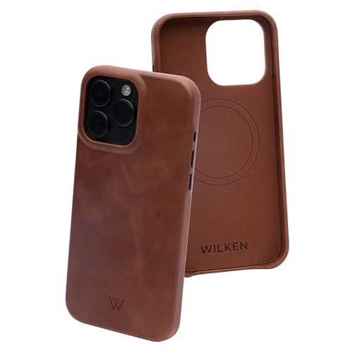 Wilken Leather Wrapped Case Compatible with iPhone 15 Pro Max | Compatible with MagSafe and Wireless Charging | Top Grain Leather | Custom Metal Button Controls (15 Pro Max, Brown)