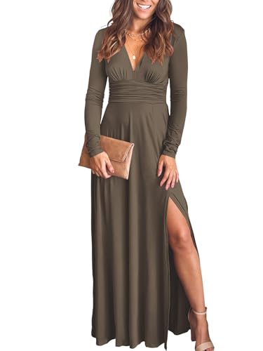 ANRABESS Women Deep V Neck Long Sleeve Slit 2024 Fall Elegant Formal Wedding Guest Cocktail Evening Date Prom Maxi Long Dress Khaki Large