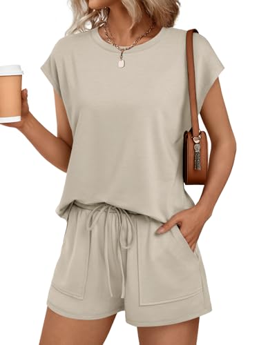 AUTOMET Womens Lounge Two 2 piece Sets Summer Outfits 2025 Loungewear Matching Beach Vacation Clothes Sweatsuits Sweat Pajamas Pjs Romper Top Shorts Fashion Trendy Travel Teen Clothing Khaki M