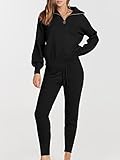 ANRABESS Women's Two Piece Outfits Sweater Sets Long Sleeve Zip Up Knit Pullover Jogger Pants Tracksuit 2024 Fall Lounge Sets Black Medium