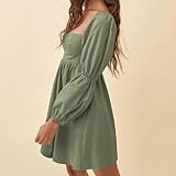 EXLURA Womens 2025 Square Neck Dress Long Puff Sleeve A-Line Casual Short Mini Dresses Green