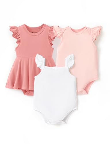 PATPAT Baby Girl Bodysuits - Soft Bamboo Viscose - Flutter Sleeves Cute Dress - Newborn Infant Summer Clothes - 3 Pack Blush/Coral/White 6-9 Months Pink